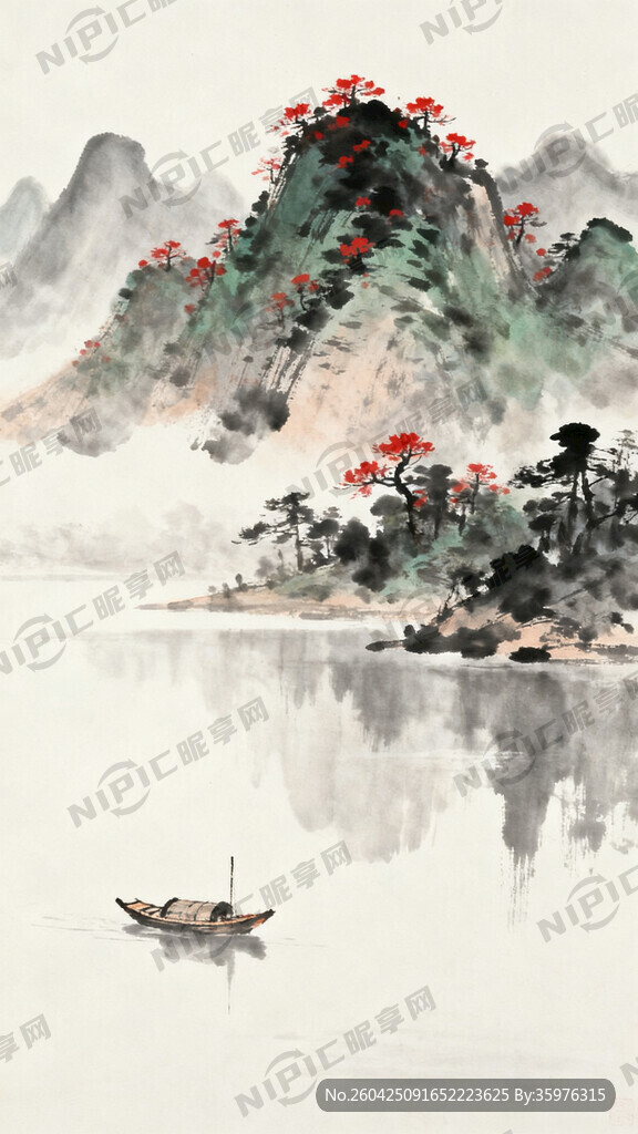 山水画 富山秀 水墨 有湖面