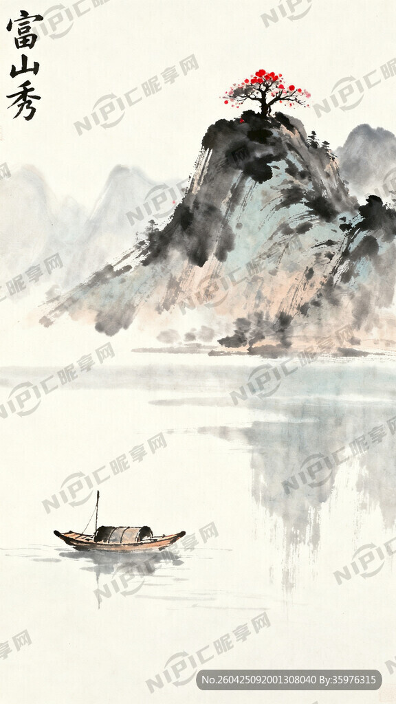 山水画 富山秀 水墨 有湖面