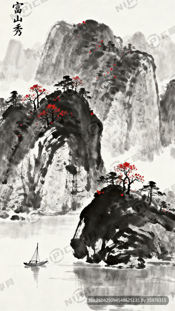 山水画 富山秀 水墨 有湖面