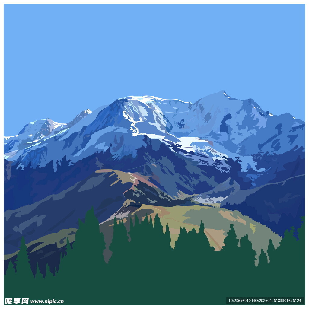 壮丽雪山与葱郁山林景观
