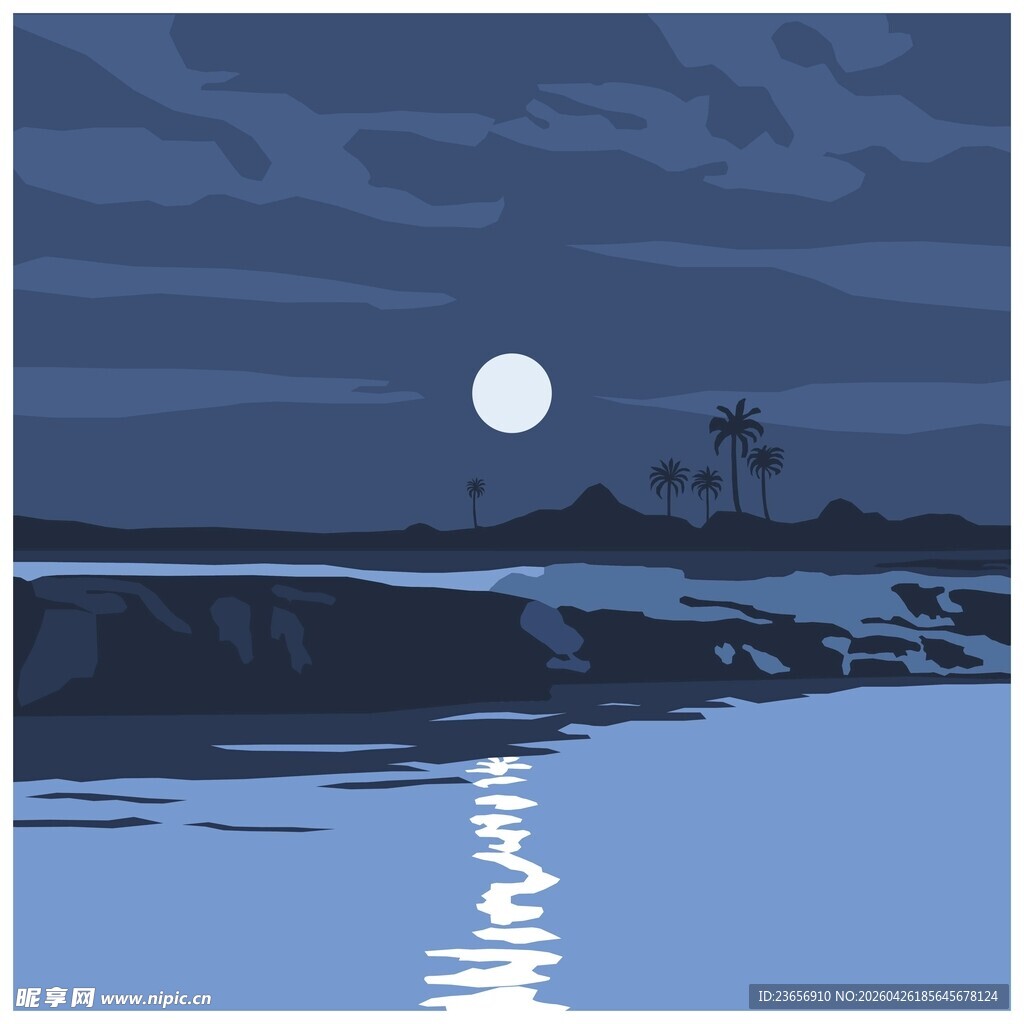 月夜下的静谧海边景色