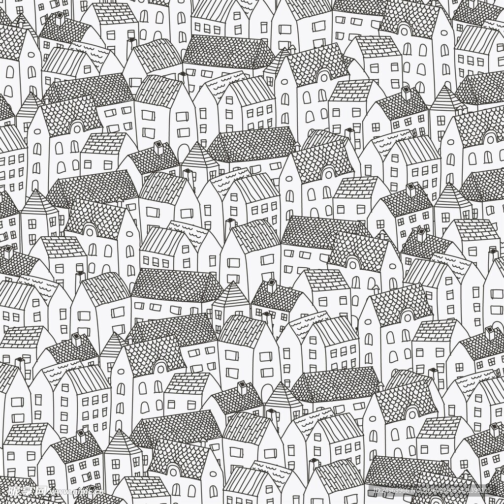 城市建筑黑白插画图案