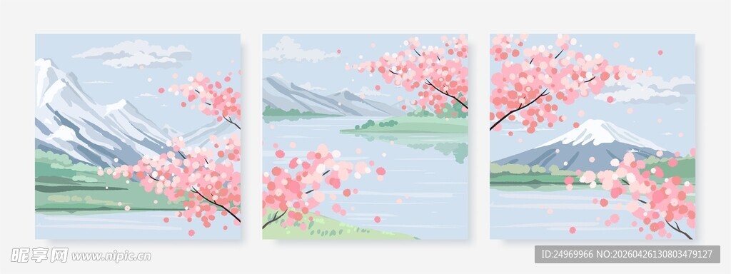 日式樱花山水风景画作