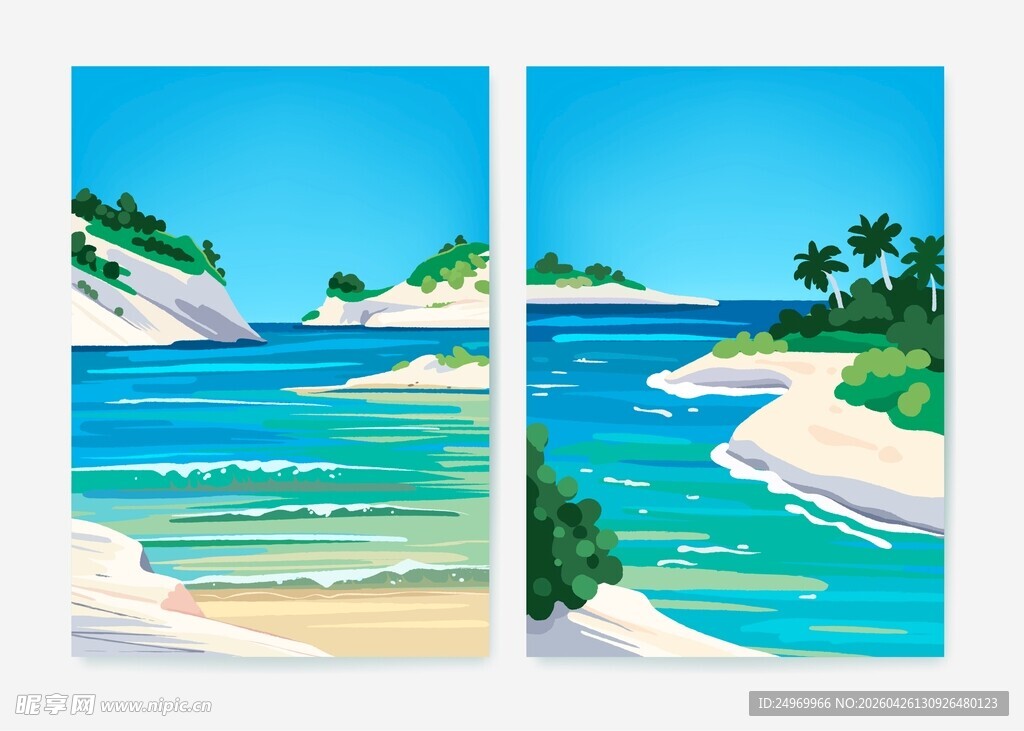 海边风景双幅插画