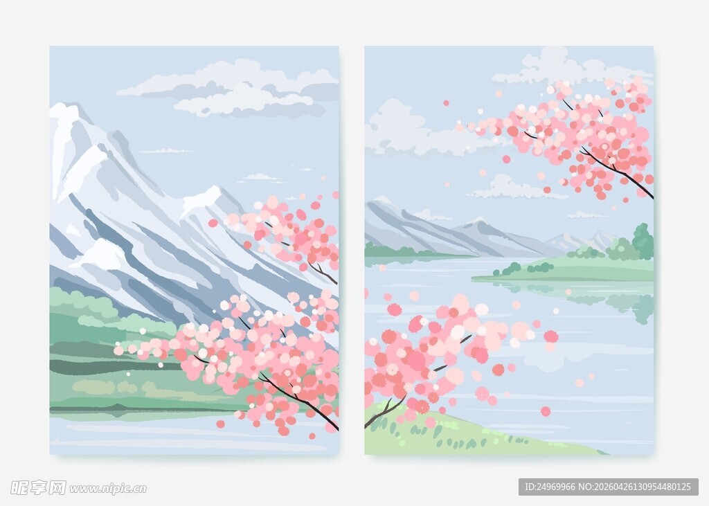 日式樱花山水风景插画
