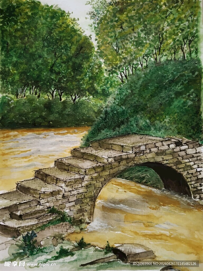 石拱小桥横跨潺潺溪流