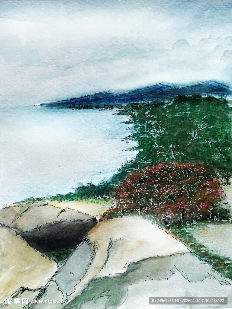 海边岩石与绿植风景图