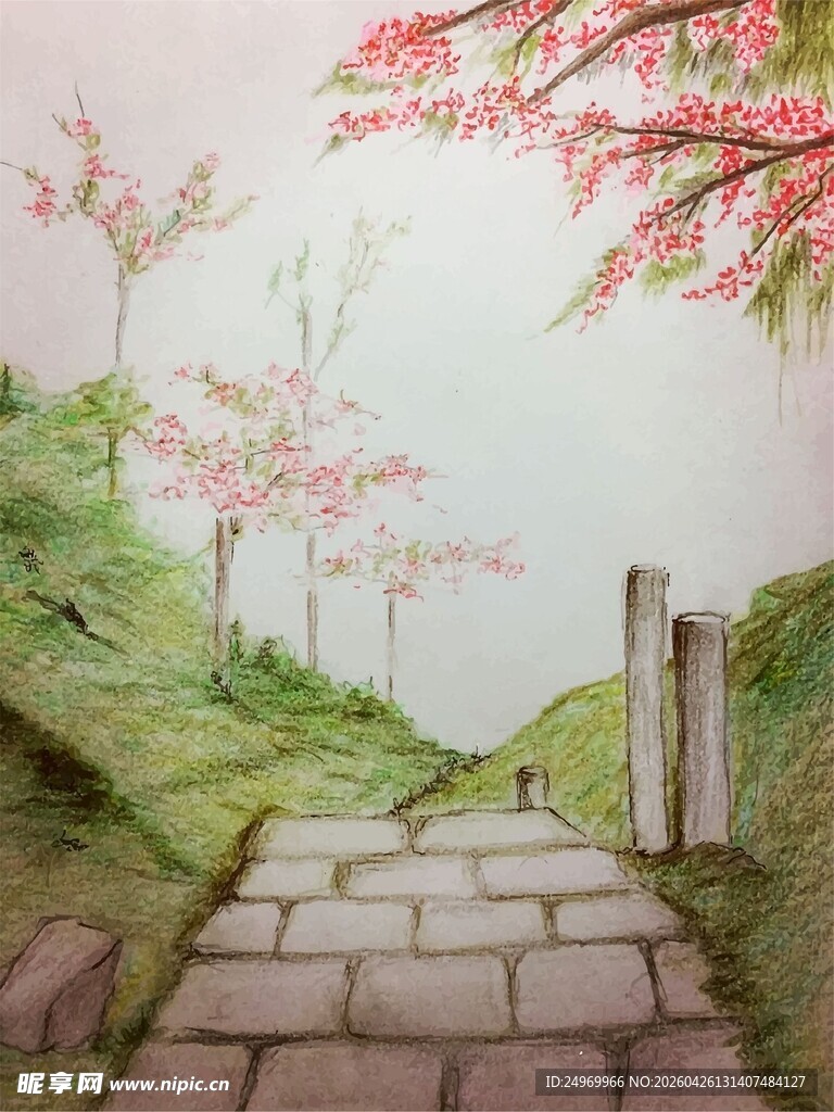 春日石径旁的烂漫风景