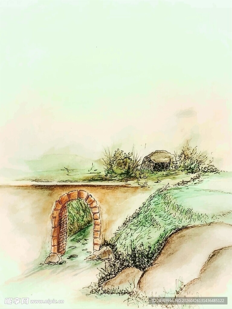 手绘乡村石桥风景图
