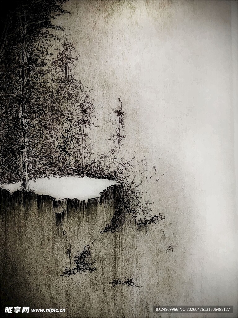 水墨意境中的孤崖雪景