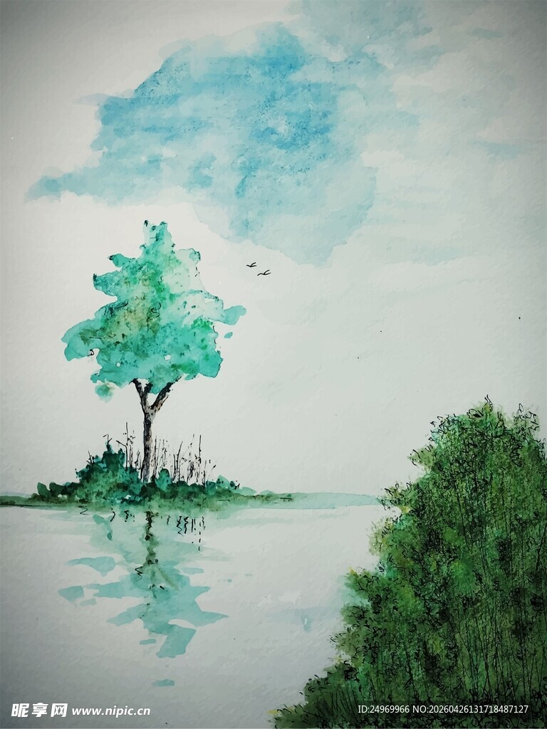 湖畔绿树倒影的静谧景致