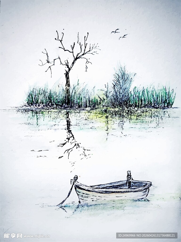 湖畔孤舟静景
