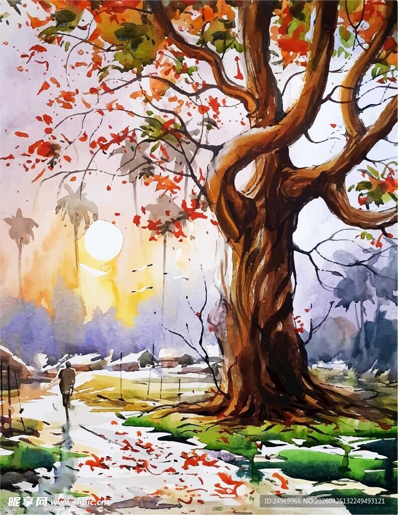 秋日大树下的静谧美景