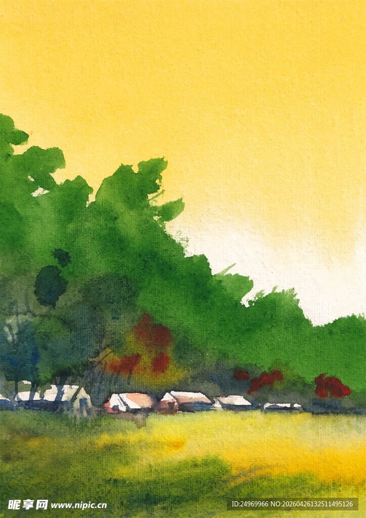 夏日田园水彩风景