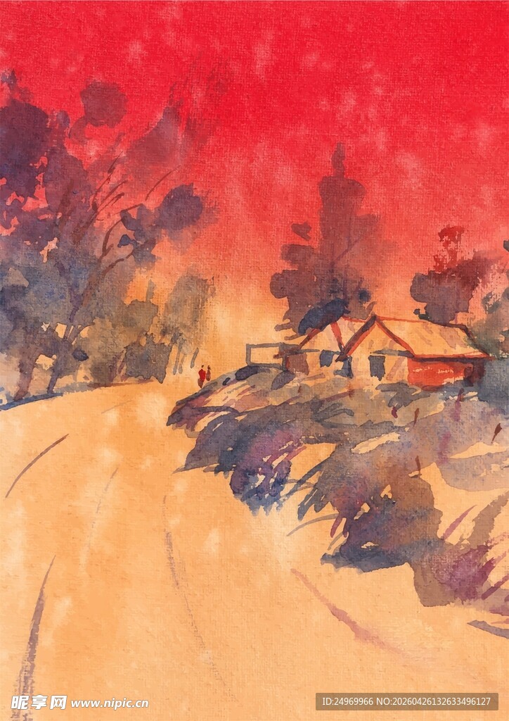 红色风景中的乡村小道