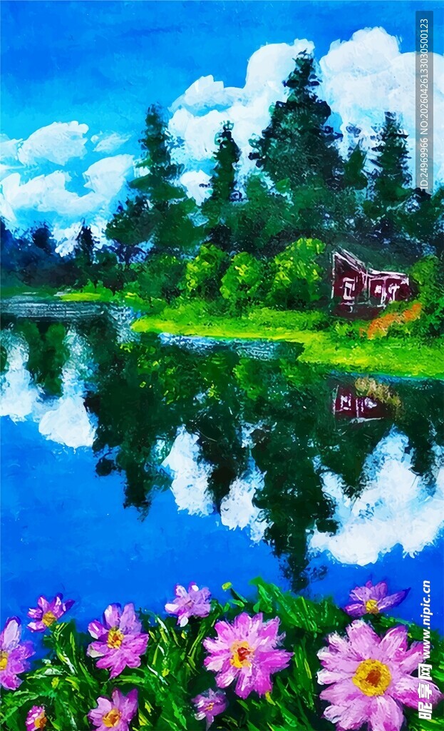 湖畔繁花与林间小屋美景
