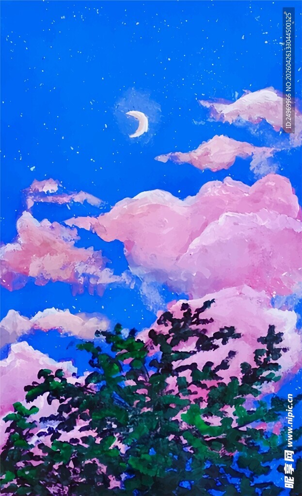 月夜下的梦幻天空与树木