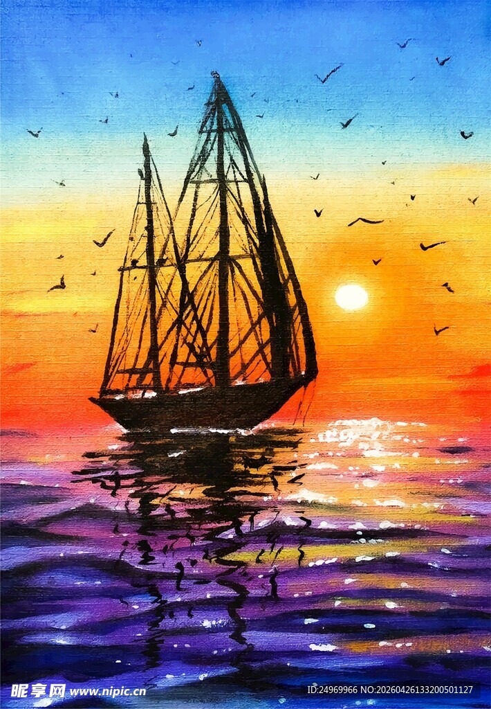 夕阳下的海上帆船