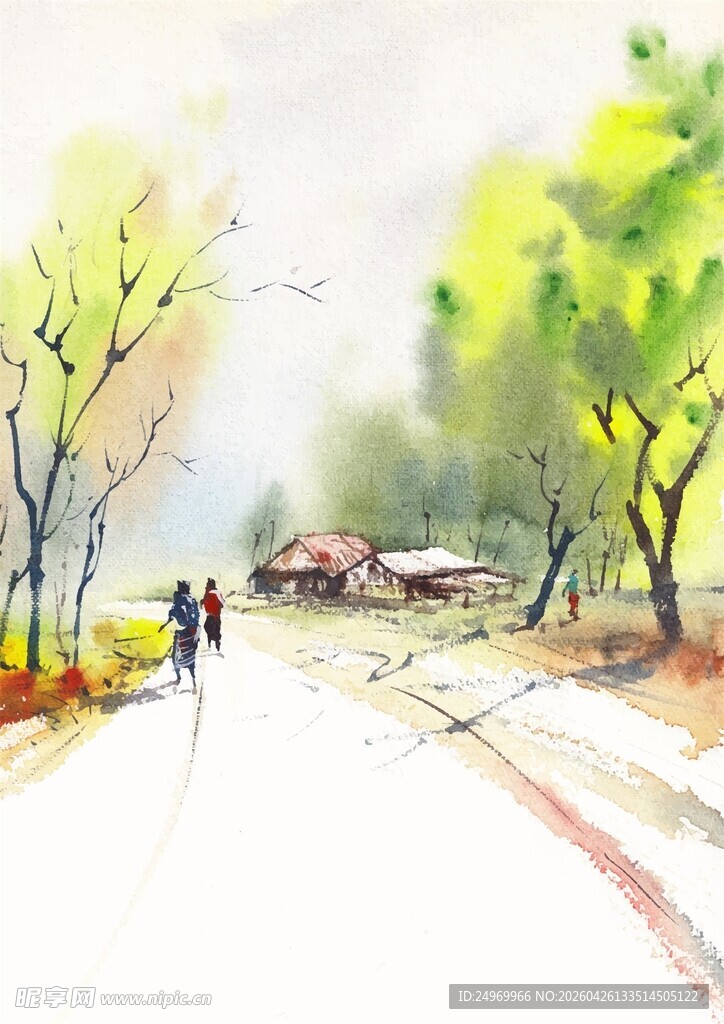 水彩画中漫步的行人与风景