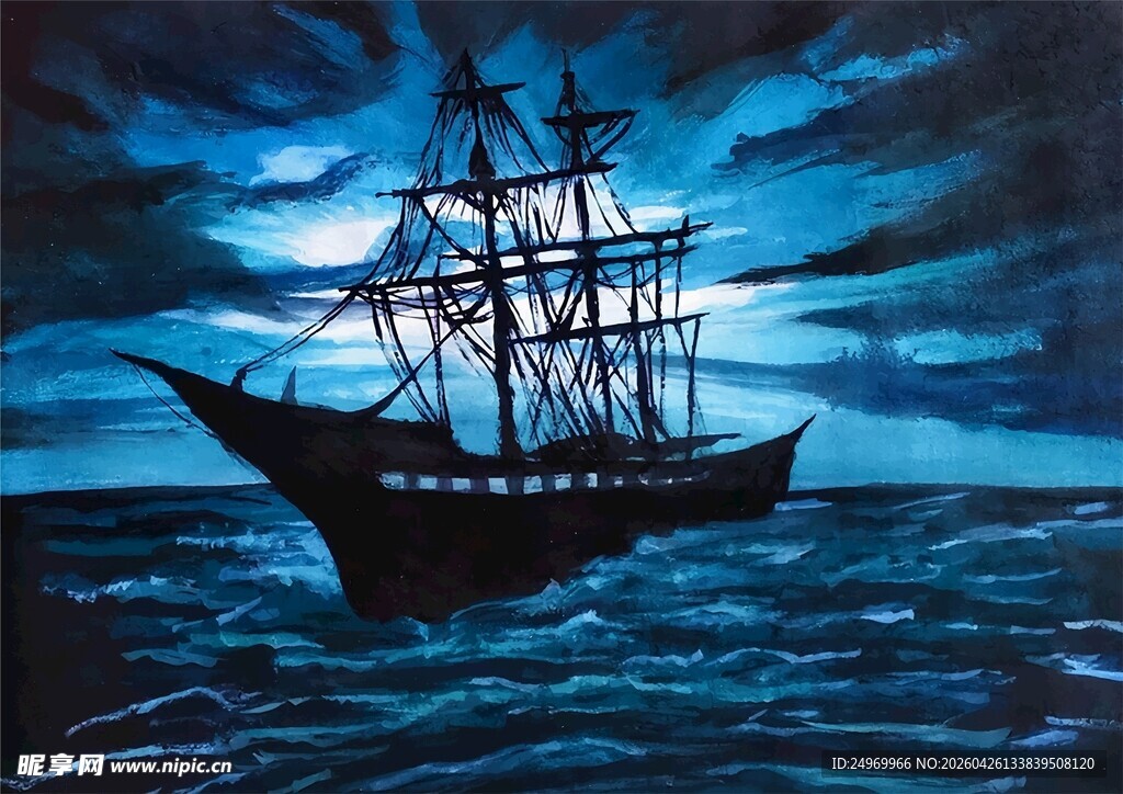 夜海航行的古老帆船