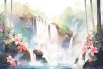 梦幻瀑布旁的烂漫花卉