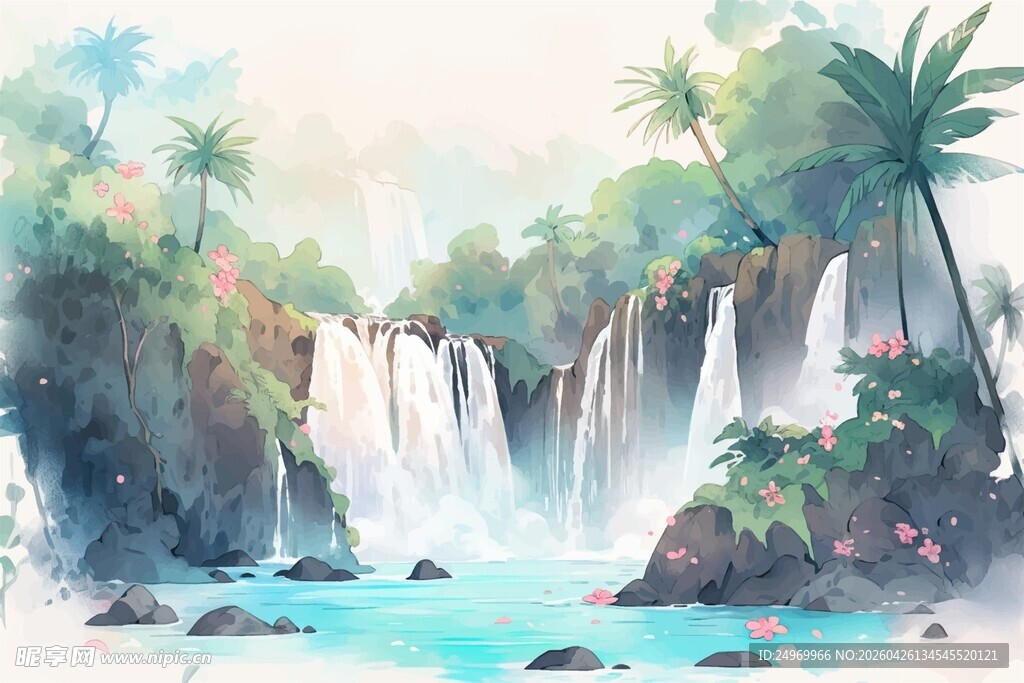梦幻热带瀑布风景图