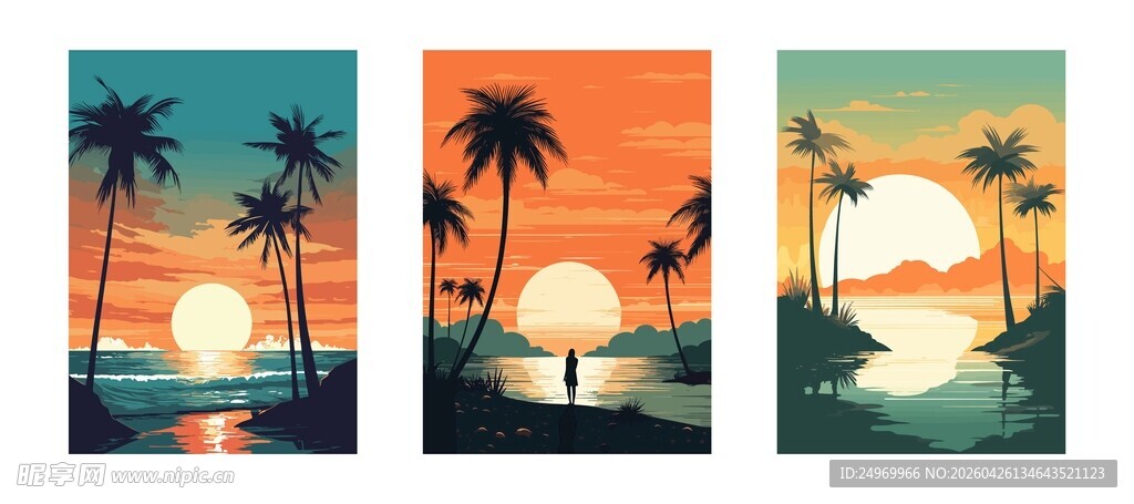 海边日落椰树风景插画