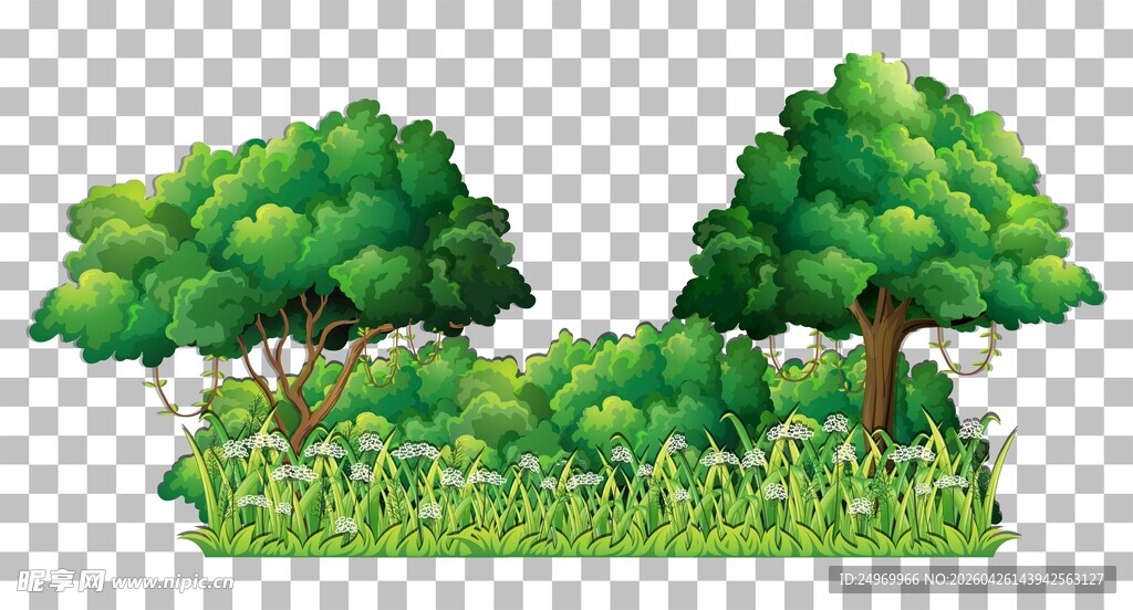 卡通风格绿树草地景观