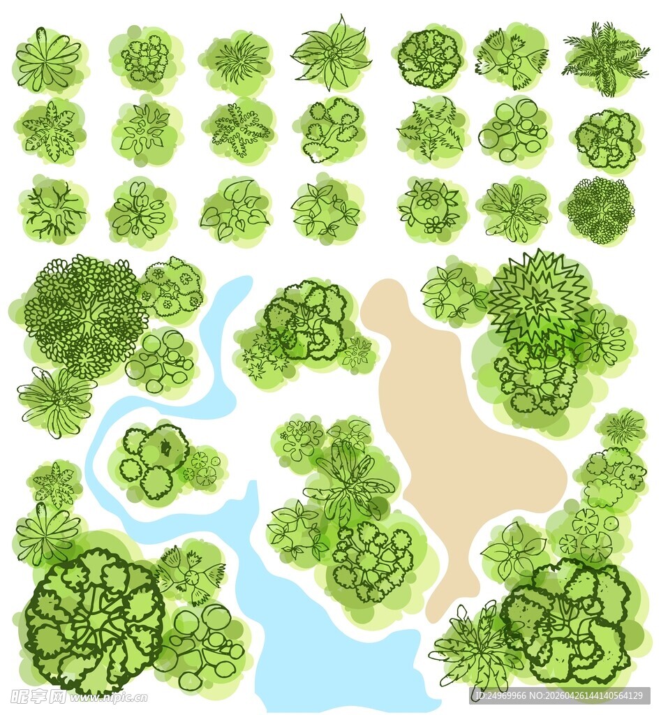 手绘清新森林河流景观图