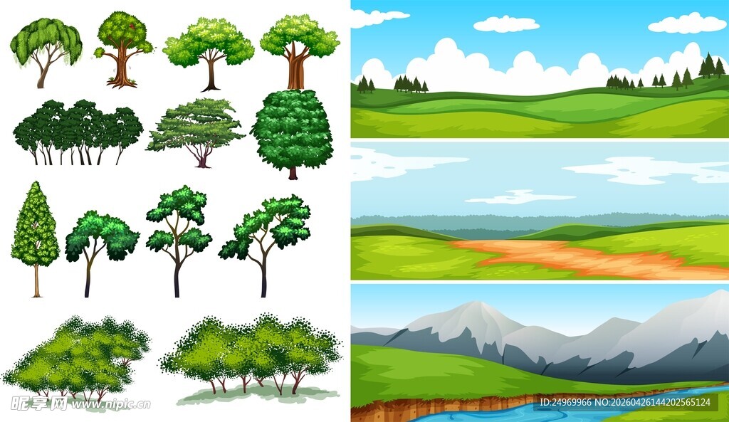 多样树木与田园风光插画