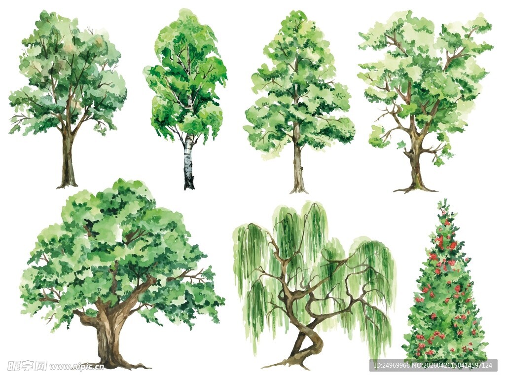 多样树木水彩插画集合