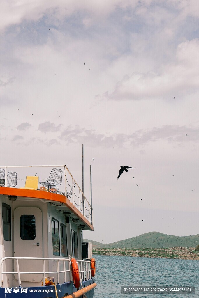 海上小船旁飞鸟翱翔