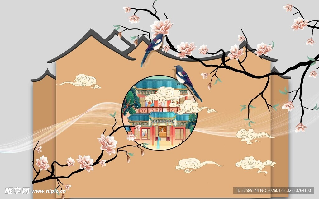 中式古风建筑与桃花景致