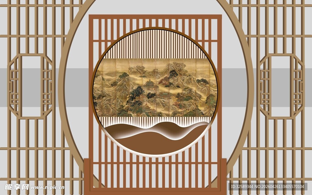 中式窗景中的山水图景
