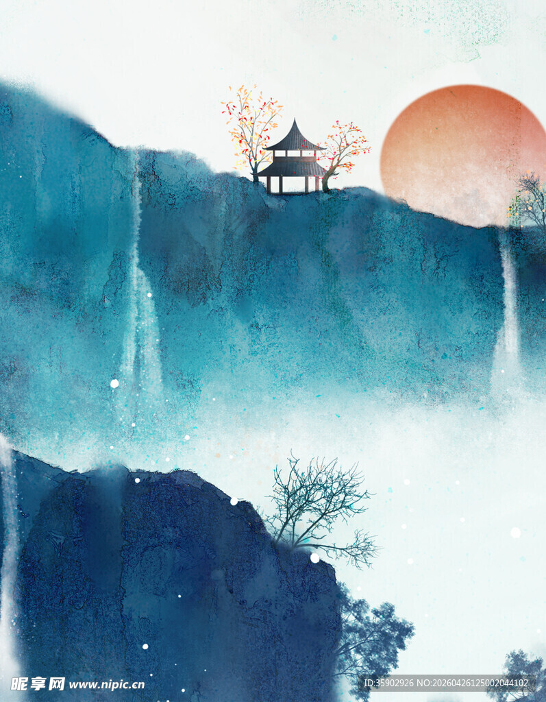 水墨山水间的落日亭景