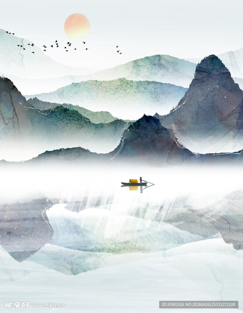 水墨山水间孤舟泛江景