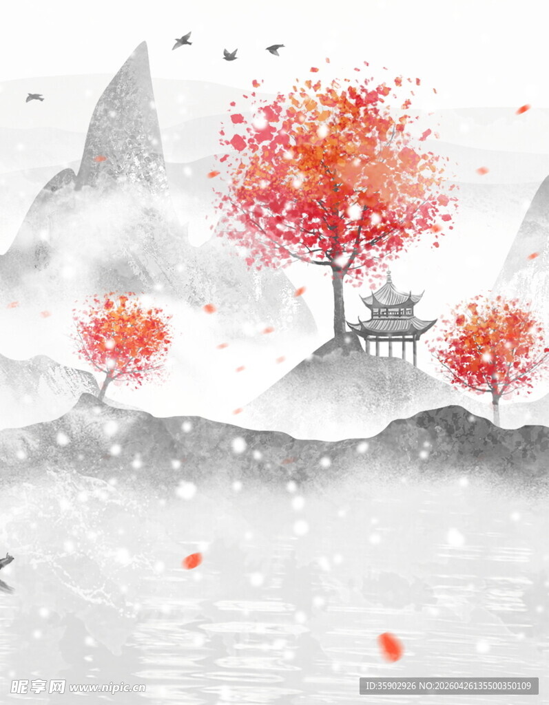 水墨秋景山林间诗意画卷