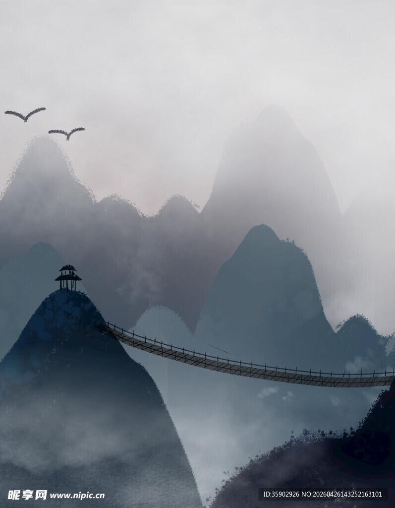 山间索桥伴飞鸟云雾景