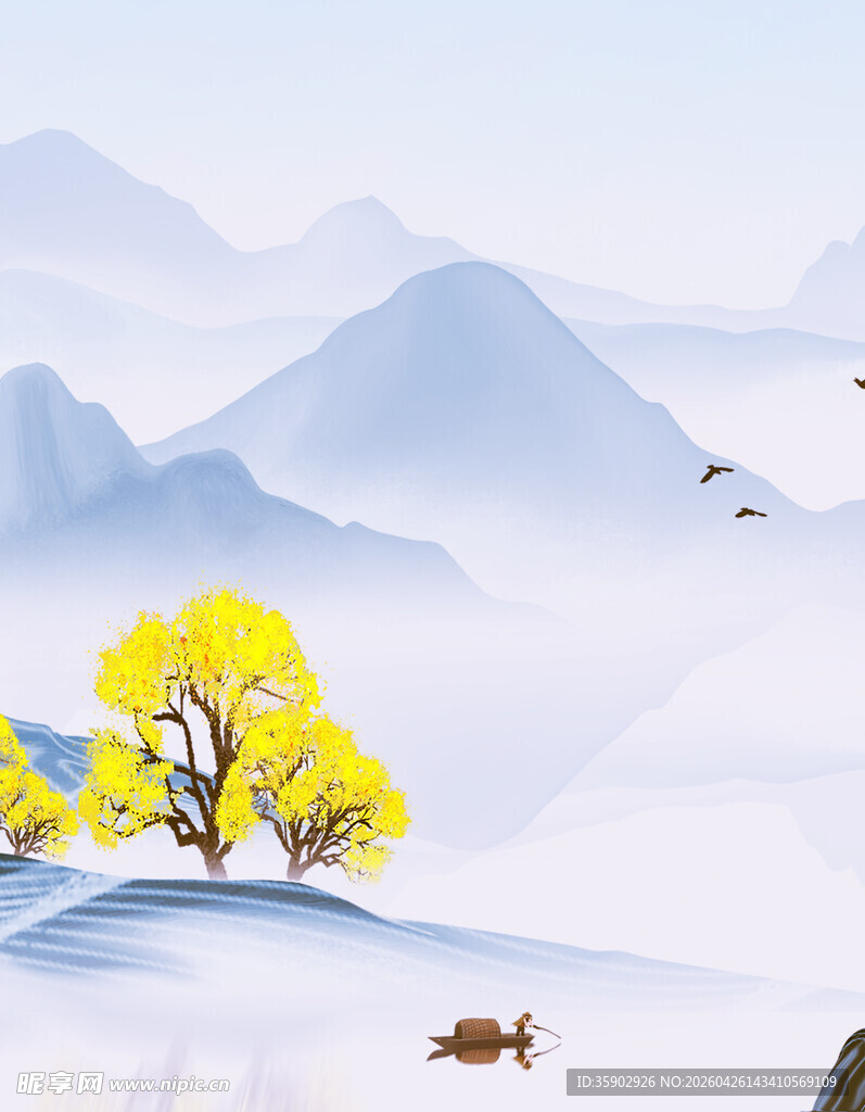 雪中山间黄叶树