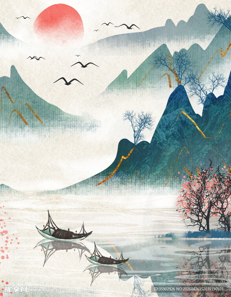 水墨山水间的悠然泛舟景