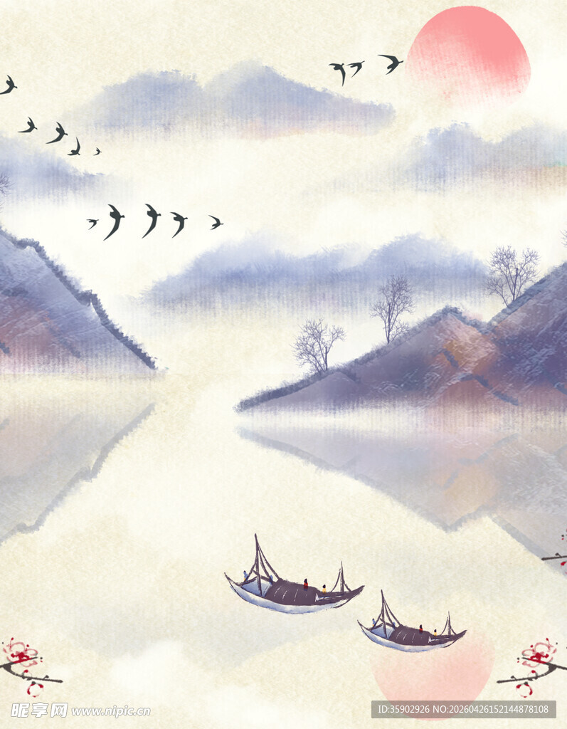 江上泛舟赏日暮山水景