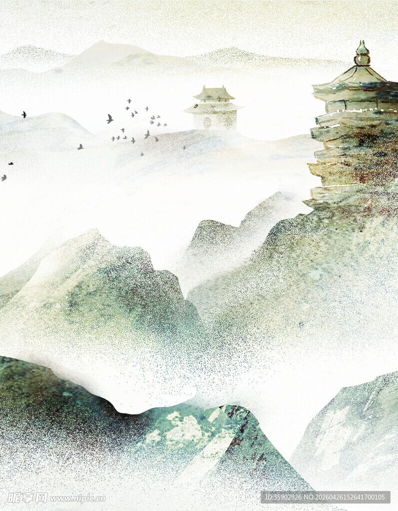 水墨山水间的古韵楼阁