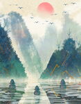 山水间的落日诗意画卷