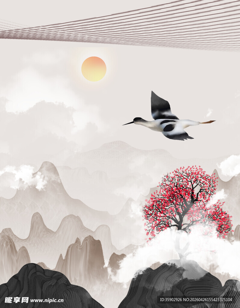 水墨山水间飞鸟红梅图景
