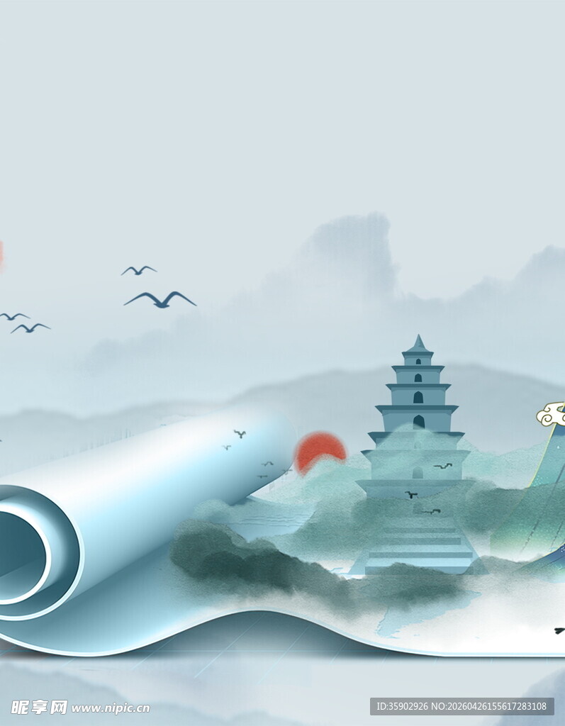 水墨山水卷轴意境图