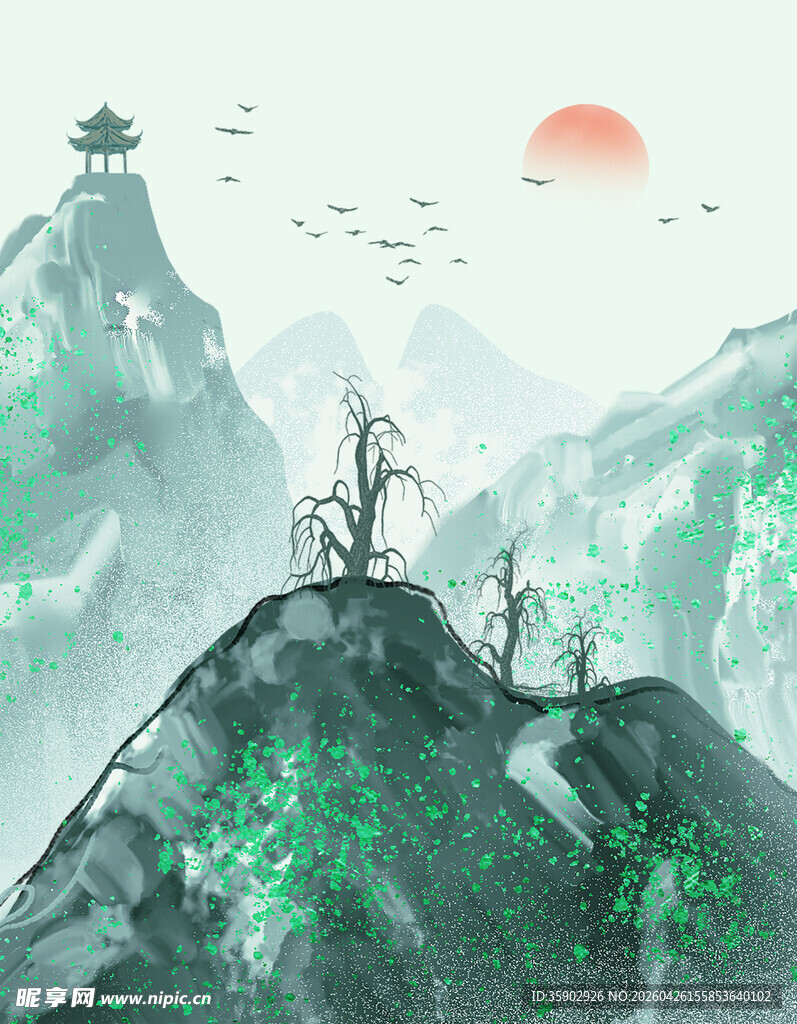 山间日出景草木添生机