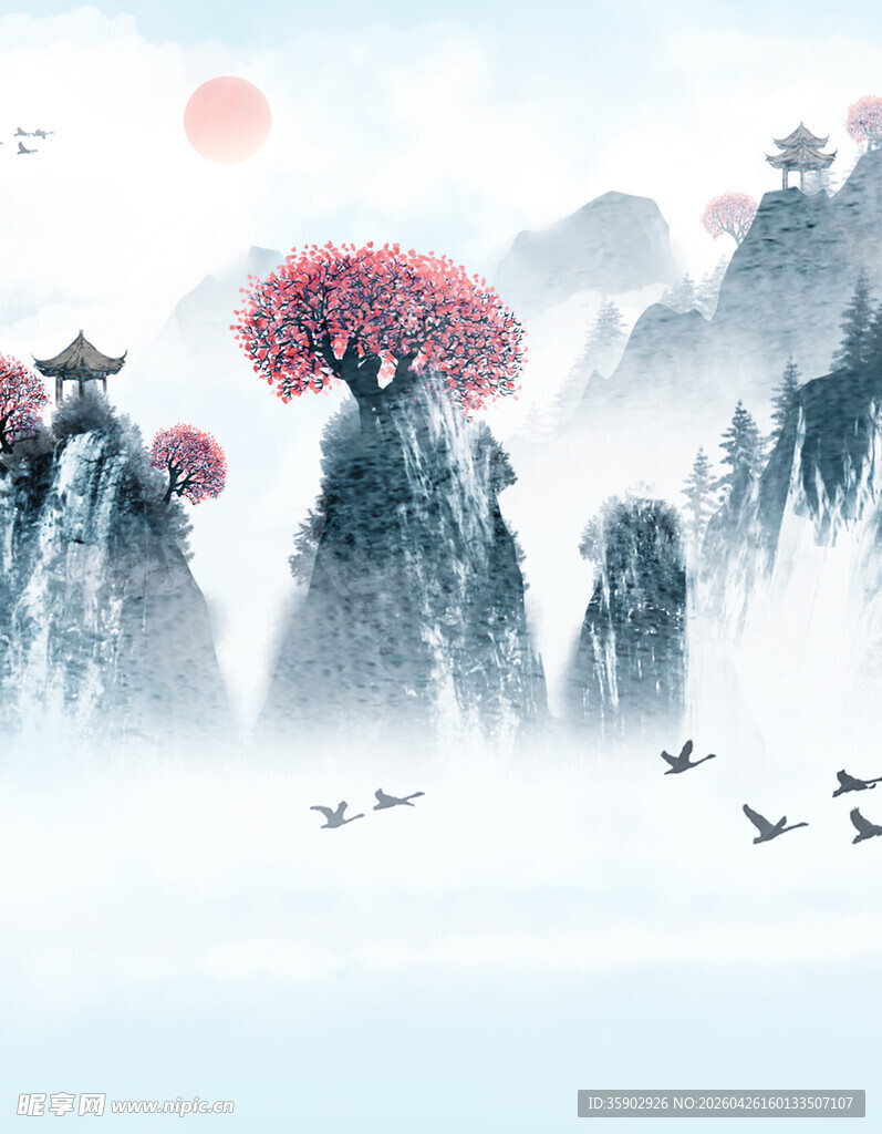水墨山水间的烂漫红花