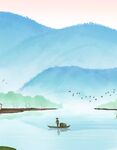 江上孤舟远山飞鸟之景