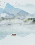 山水间孤舟诗意水墨景