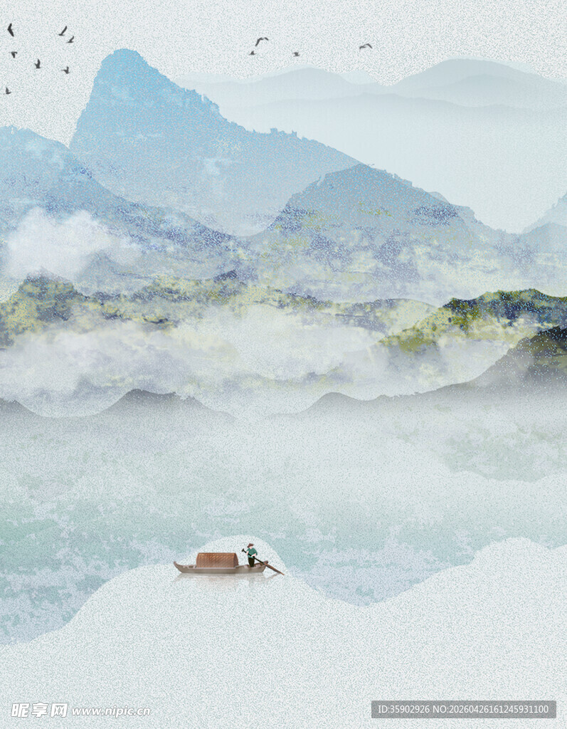 山水间孤舟诗意水墨景